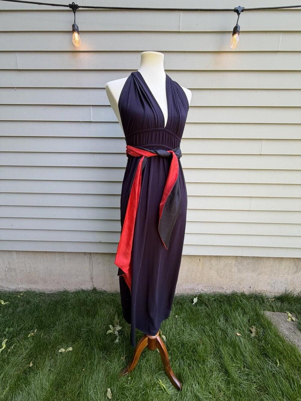 Aquarius Navy Blue Halter Maxi Dress with Red & Black Satin Sash Size P